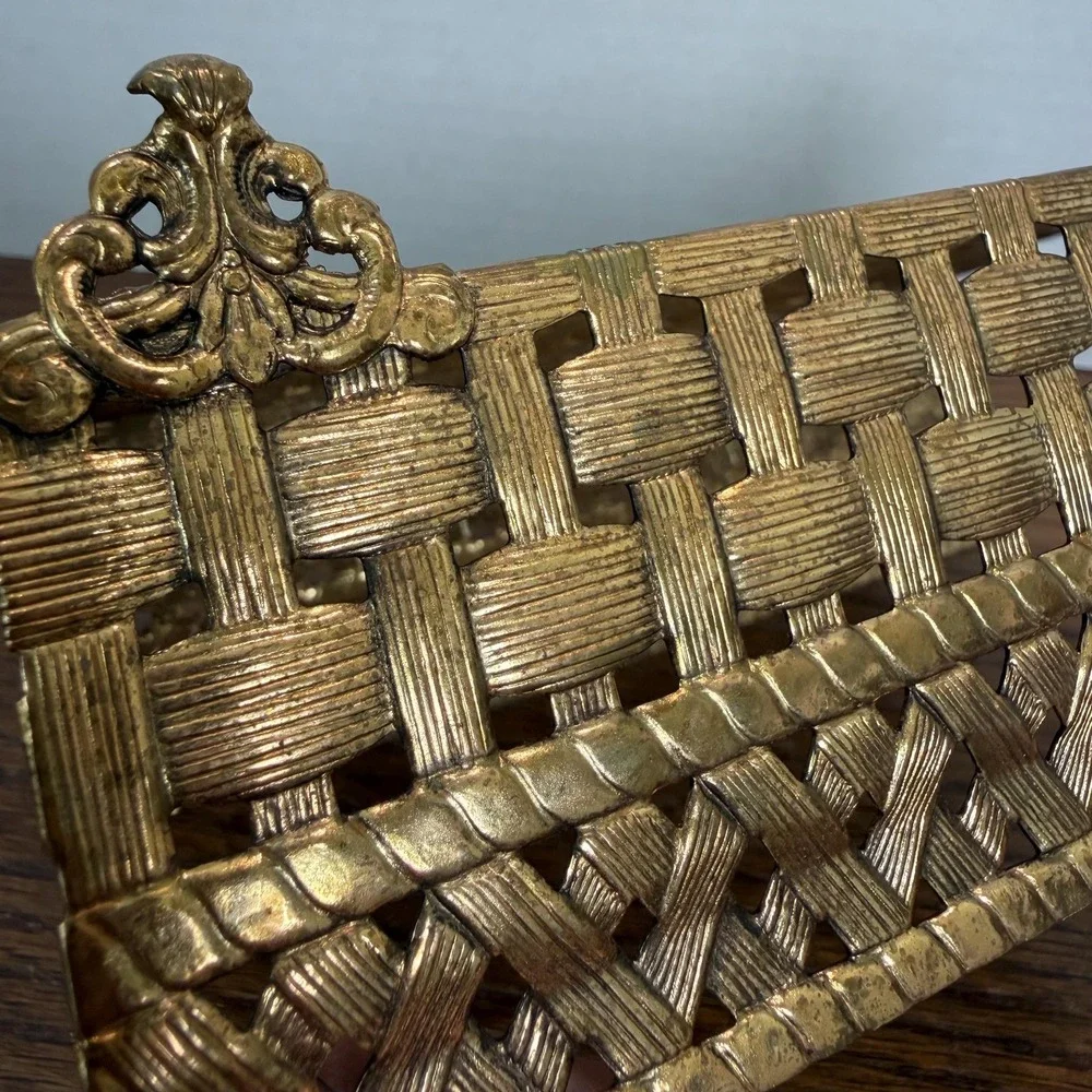 Hollywood Regency Gold Metal Towel Tissue Holder Woven Vanity Bathroom Decor